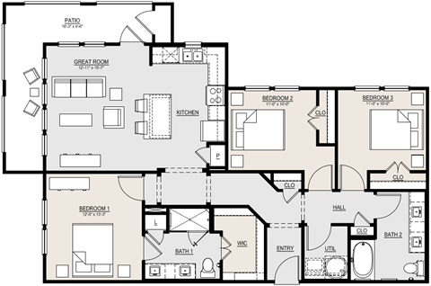 Floor plan for 3 beds, 2 baths, 1653 sqft